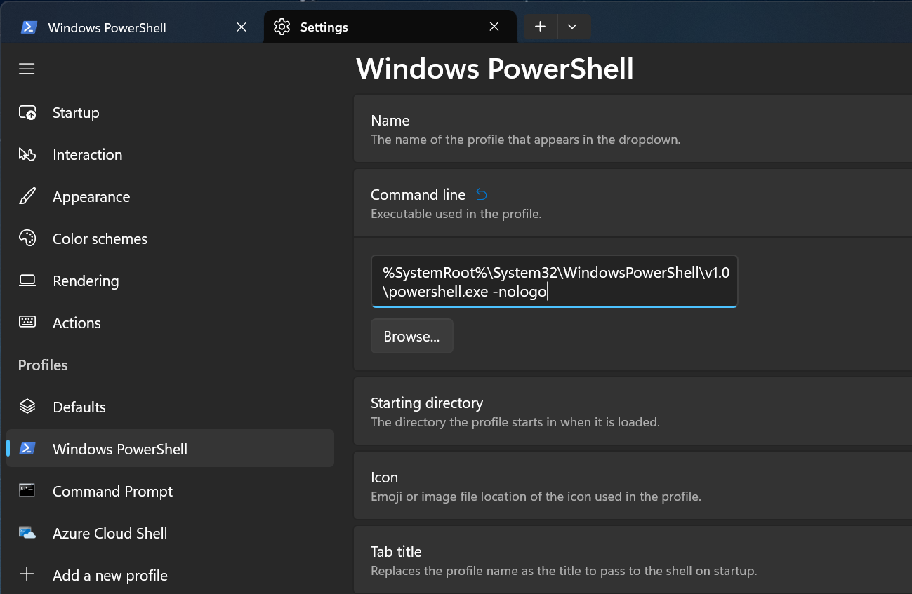 Windows Terminal Settings without Prompt